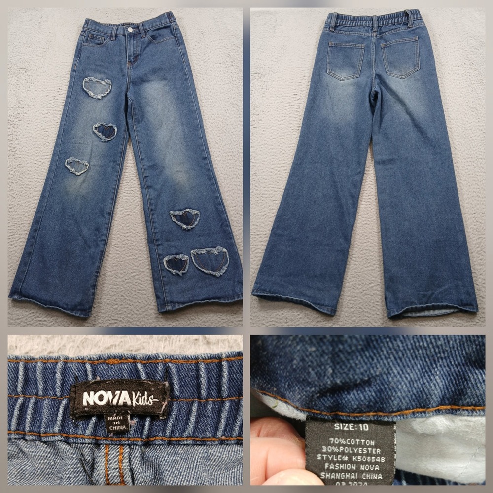 Fashion Nova Kids Mini Rise Of Hearts Wide Leg Jeans Size 10 Blue Denim EUC